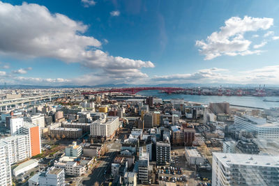 High angle view of buildings against sky