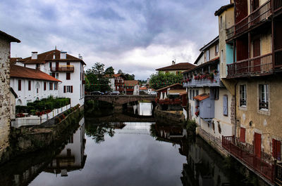 Canal amidst buildings against cloudy sky at saint-jean-pied-de-port