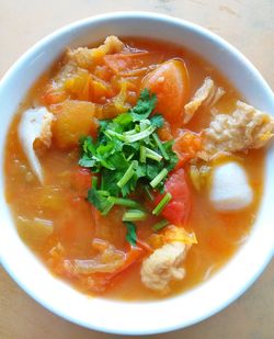 High angle view of soup in bowl on table