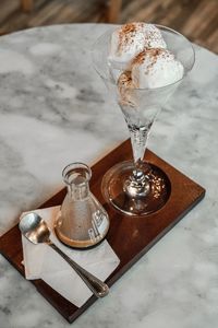 High angle view of ice cream in glass on table