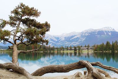 Scenic view of lake by mountains against clear sky
