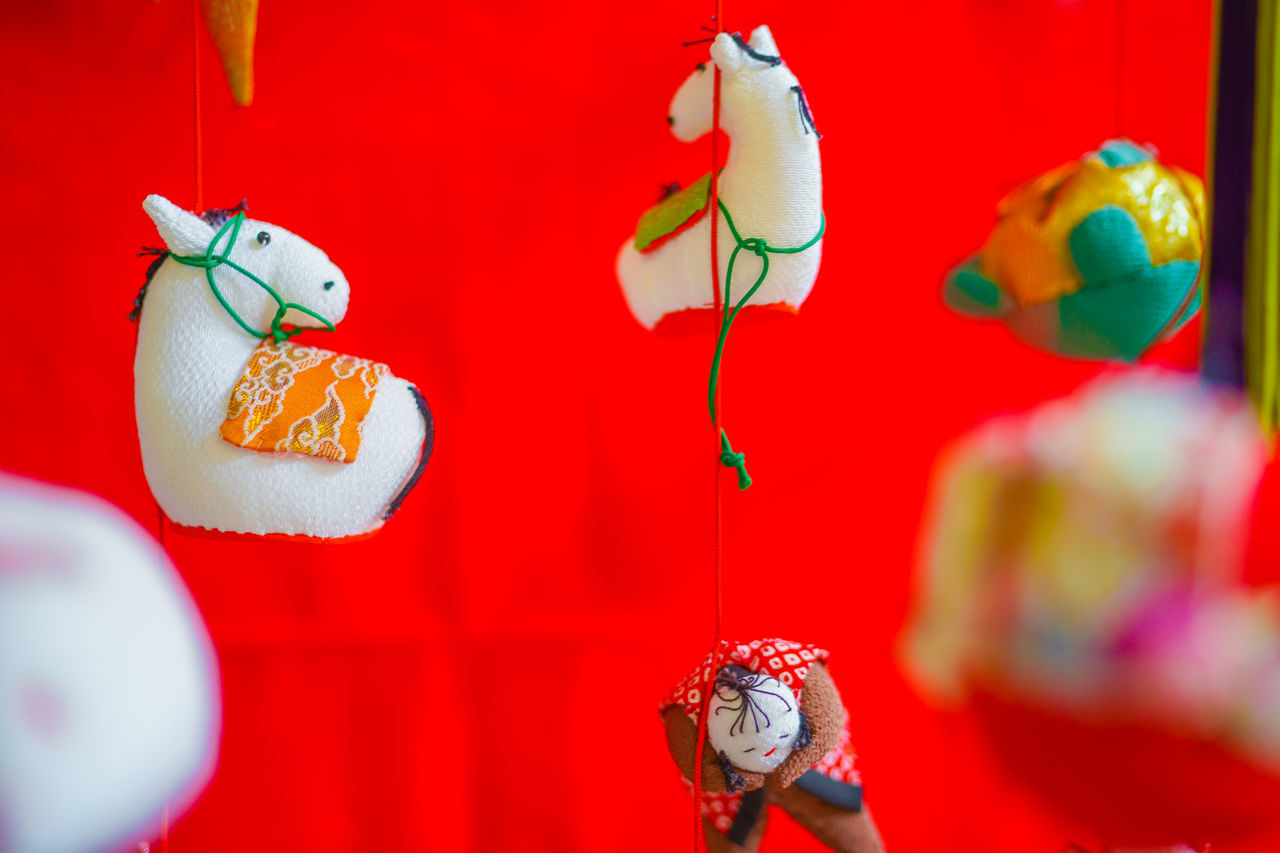 red, hanging, cartoon, holiday, celebration, animal, no people, chinese new year, decoration, animal themes, representation, indoors, animal representation, event, festival, tradition, toy