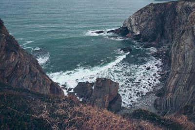 High angle view of rocks on beach