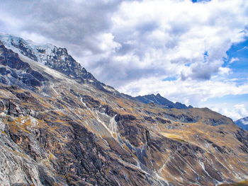Scenic view of mountains against cloudy sky