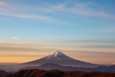 Scenic view of snowcapped mountains against sky during sunset