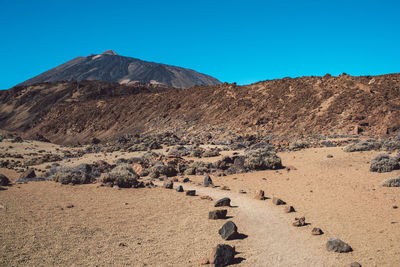 Scenic view of rocky mountains against clear blue sky