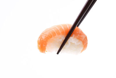 Close-up of sushi against white background