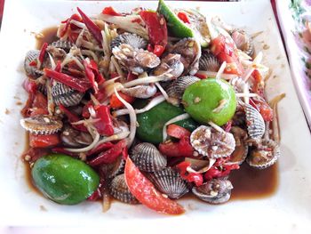 High angle view of food served in plate