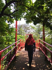 Rear view of woman wearing hijab walking on footbridge amidst trees at forest