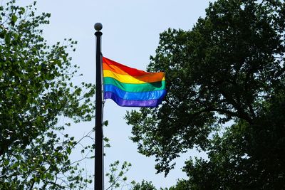 Low angle view of flags against blue sky