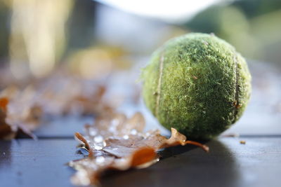 Close-up of tennisball on table