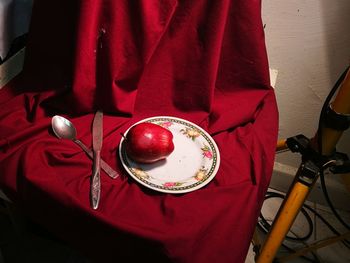 High angle view of red wine on table