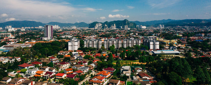 High angle shot of townscape against sky