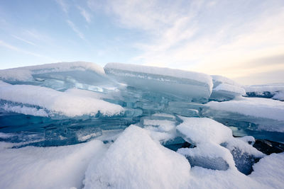 Snow covered landscape against sky