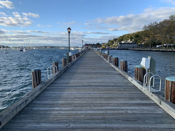 Northport village dock by the sea and ocean in northport bay. 