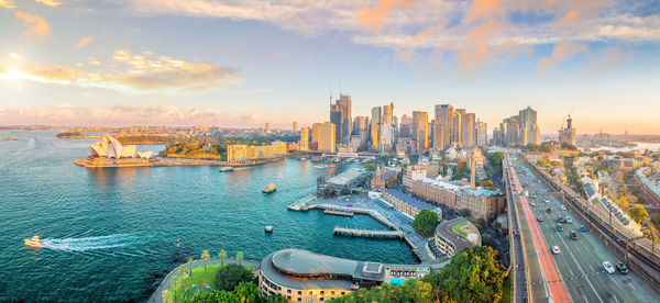 High angle view of city buildings during sunset