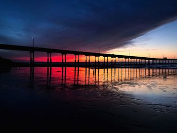 View of suspension bridge over sea during sunset