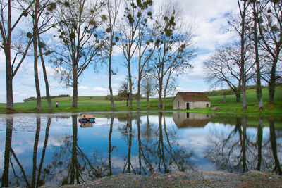 Scenic view of lake by building against sky