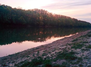 Scenic view of lake by trees against sky