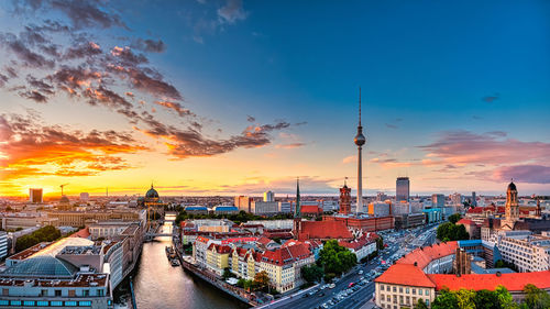 High angle view of cityscape during sunset