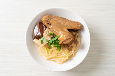 High angle view of food in plate on table