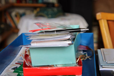 Close-up of greeting cards on table