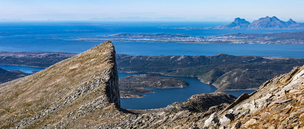 Scenic view of sea and mountains against sky