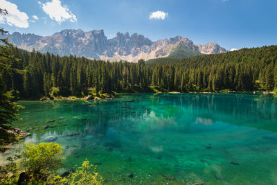 Scenic view of lake by mountains against sky