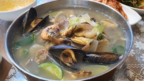 High angle view of soup in bowl on table