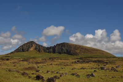 Scenic view of field and mountains against sky