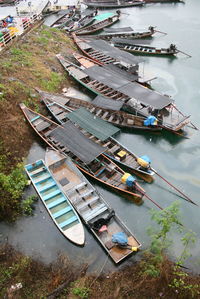 High angle view of boats moored in river