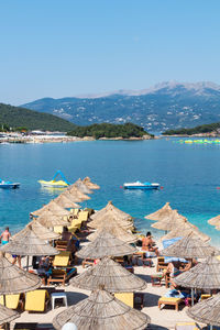 Scenic view of sea against blue sky