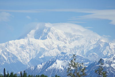 Scenic view of snow covered mountains