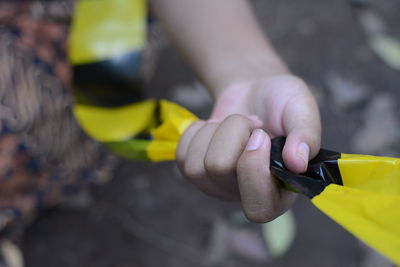 Close-up of hand holding yellow leaf