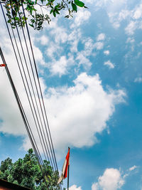 Low angle view of flags against cloudy sky