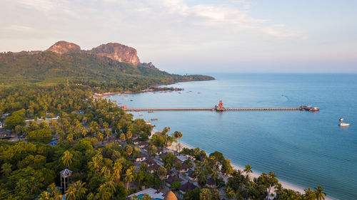 Aerial view of koh mook with pier.it is a small idyllic island in the andaman sea