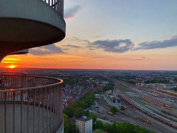 High angle view of cityscape against sky during sunset