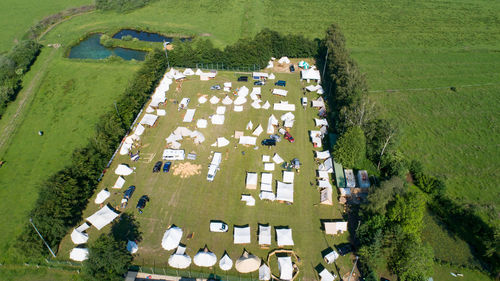 High angle view of buildings on field