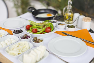 High angle view of meal served on table