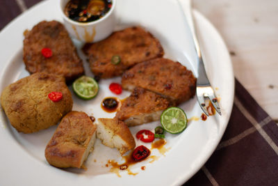 High angle view of breakfast served in plate