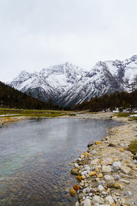 Scenic view of lake by snowcapped mountains against sky