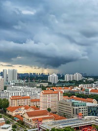 High angle view of buildings in city against sky