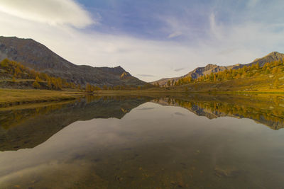 Scenic view of lake and mountains against sky