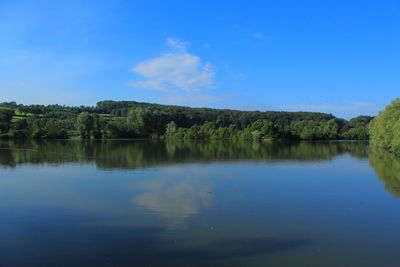 Scenic view of lake against blue sky