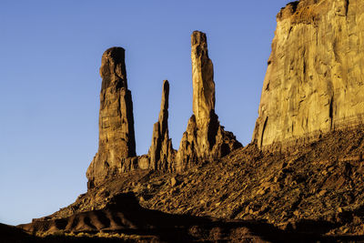 Low angle view of rock formation against clear blue sky