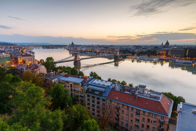 View of the chain bridge, parliament and st. stephen's basilica.