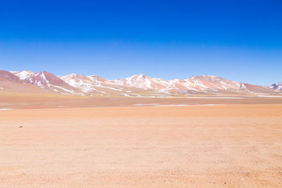 Scenic view of snowcapped mountains against clear blue sky