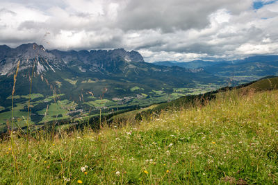 Scenic view of field against cloudy sky