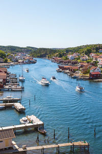 High angle view of sailboats in a ses canal in a coast landscape