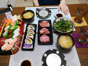 High angle view of sushi served on table